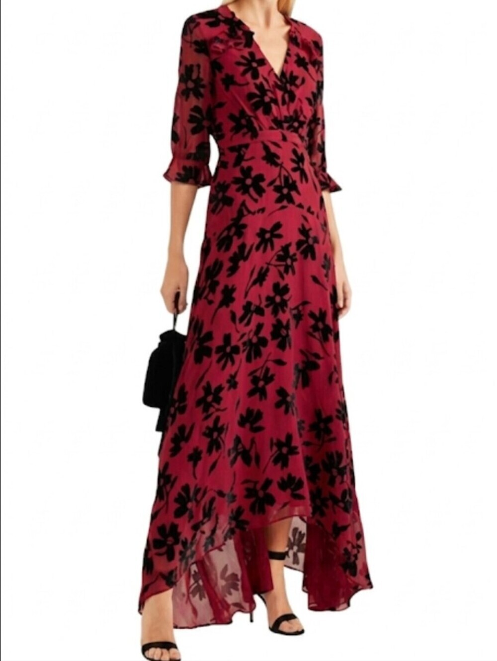 Saloni Red Chiffon V Maxi Dress Black Velvet Flowers Size 2 Edith Devor